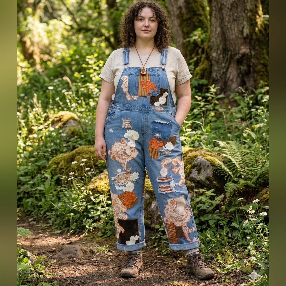 One-of-a-Kind Patchwork Denim Overalls with Orange and Brown Accents